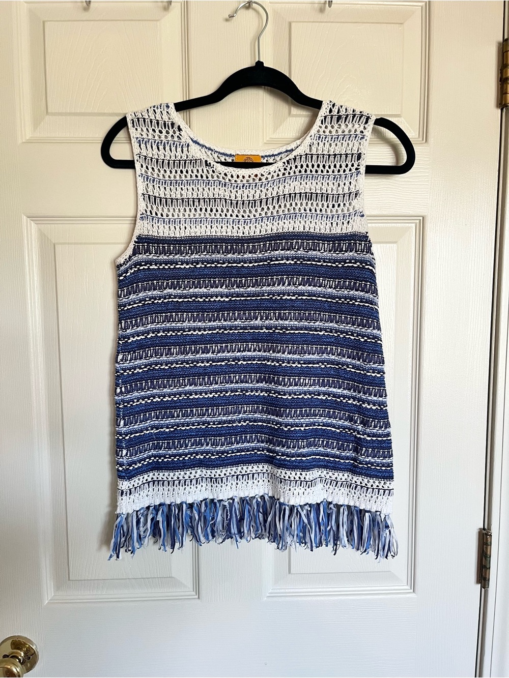 Ruby Rd. Blue & White Crochet Fringe Tank